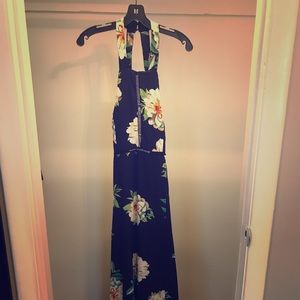 Navy Blue Floral Halter Neck Tie Back Side Slit